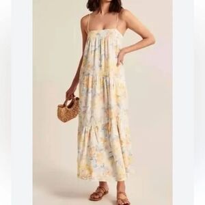 Abercrombie & Fitch Asymmetrical Tiered Maxi Dress Floral Linen Yellow Casual M